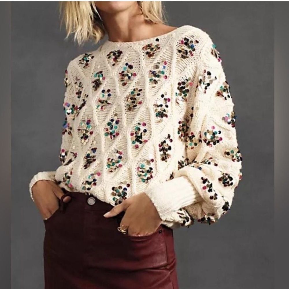 Anthropologie Lara Ivory Soft Silky Diamond Pattern Knit Sequen Accent Sweater M